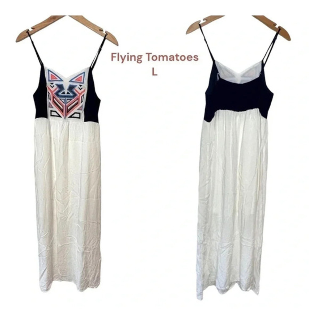 Flying Tomato Maxi Dress White Navy Geometric Embroidered Boho Spaghetti Strap